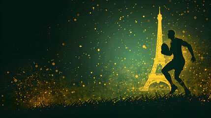 Wall Mural - Rugby Player Silhouette: Gold silhouette of a rugby player running with the Eiffel Tower glowing in the background on a dark green background.
