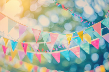 Colorful bunting flags strung across an outdoor setting on a sunny day, creating a festive and cheerful atmosphere with a bokeh background.