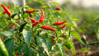 A closeup of fresh red chili peppers on a plant, showcasing ripe, spicy fruits and green leaves.