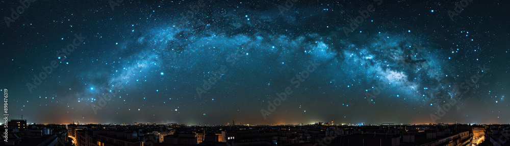 Panoramic night sky view with a stunning Milky Way galaxy over a ...