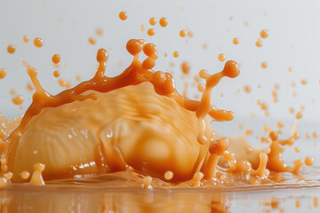 Wall Mural - A high-speed capture of a vibrant orange liquid splash, showcasing dynamic motion and fluidity against a white background.
