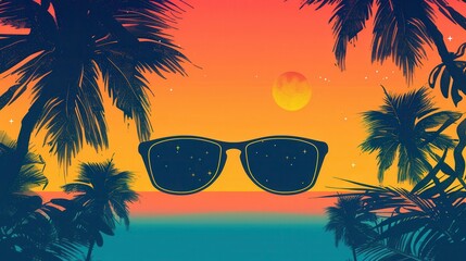 Poster - A pair of sunglasses sits in front of a sunset sky with palm trees on either side, reflecting the sky and stars in the lenses. Generative AI