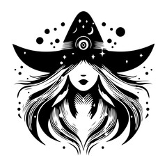 Wall Mural -  Witch Woman with crescent moon Hand drawn sketch art. Mystical, Celestial and Spiritual theme