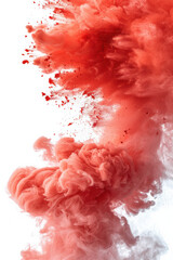 Wall Mural - Bright red, abstract ink explosion against a white background, showcasing dynamic swirling smoke and fluid motion, perfect for creative design projects.