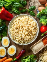 Poster - Instant noodles sit in a white bowl surrounded by fresh ingredients including basil, chili peppers, eggs, and vegetables on a wooden kitchen table. Generative AI