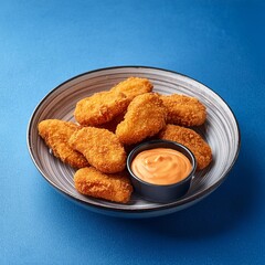 Wall Mural - Spicy fried crispy chicken nuggets on blue background