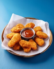 Wall Mural - Spicy fried crispy chicken nuggets on blue background