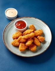 Wall Mural - Spicy fried crispy chicken nuggets on blue background