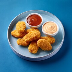 Wall Mural - Spicy fried crispy chicken nuggets on blue background