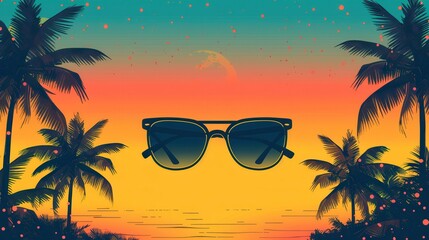 Aufkleber - Palm trees frame a pair of sunglasses against a vivid sunset. Generative AI