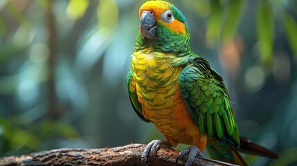 Wall Mural - Yellow-Headed Amazon Parrot Perched on Branch in Green Forest - Photo