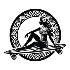 Skateboarding, longboarding  female player in ethnic polynesia pattern illustration, emblem shield badge