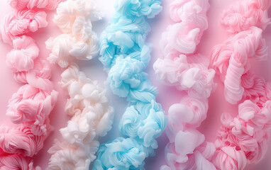 Wall Mural - Colorful and fluffy fabric swirl patterns in pink, blue, and white hues. Soft, textured, and harmonious design perfect for backgrounds and textiles.
