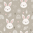 © LindaAyu - Seamless pattern with cute rabbit and forest. Cartoon animal background. For fabric, wallpaper, textile, wrapping, kida apparel design. Animal vector illustration