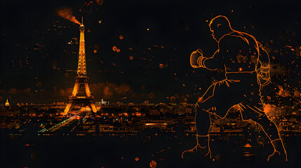 Wall Mural - Boxer Silhouette: Silhouette of a boxer in a defensive stance with the Eiffel Tower glowing in the background on a black background.


