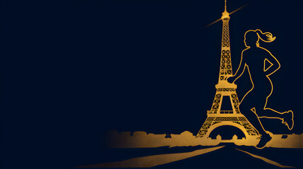 Wall Mural - Runner Silhouette: Gold silhouette of a runner in mid-stride with the Eiffel Tower glowing in the background on a dark blue background.


