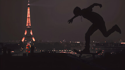 Wall Mural - Skater Silhouette: Silhouette of a skater mid-jump with the Eiffel Tower glowing in the background on a dark grey background.


