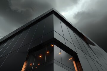 Poster - Black Building with Geometric Facade and Cloudy Sky