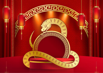 Wall Mural - 3d Podium round stage for happy Chinese new year 2025 Snake Zodiac sign