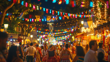 Málaga Feria Festival, the streets are filled with people wearing traditional clothes and dancing happily, Ai generated Images