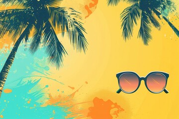 Poster - Palm tree silhouettes on a yellow background with paint splatter effects, and a pair of sunglasses in the bottom center. Generative AI