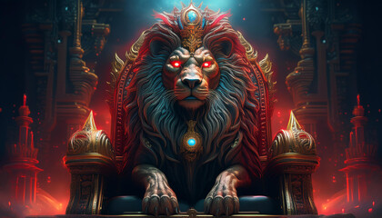 Wall Mural -  God lion sitting on a golden throne with neon red eyes, with black fog background