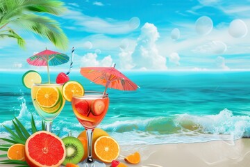 Poster - Two colorful cocktails garnished with fruit and miniature umbrellas sit on a sandy beach with palm trees and ocean waves. Generative AI