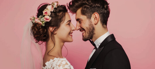 Wall Mural - Beautiful young couple in wedding attire, the groom is wearing a black tuxedo and his bride has her hair up in a beautiful hairstyle