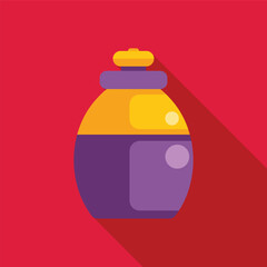 Wall Mural - Purple and yellow bottle with long shadow casting on red background, minimal concept