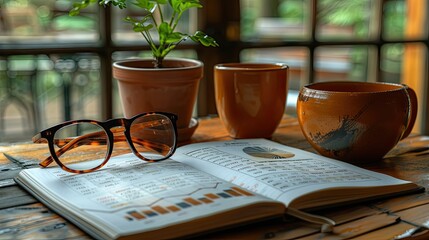 A book with a pair of glasses and two cups on a table