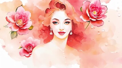 Poster - A watercolor illustration of a woman with long red hair and a soft, dreamy expression. She is surrounded by pink flowers and a soft pink background.
