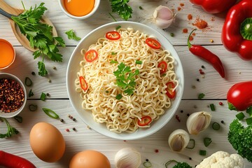 Aufkleber - A bowl of instant noodles sits on a kitchen table, surrounded by fresh ingredients, herbs, and vegetables. Generative AI
