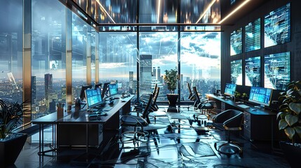 A futuristic workspace with sleek, transparent 3D computer monitors and holographic displays, illuminated by natural daylight streaming through large floor-to-ceiling windows.