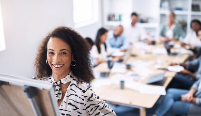 Poster - Business woman, presentation and portrait with whiteboard, brainstorming and teamwork in office. Manager lady, speaker and corporate workshop with employee discussion, training and planning strategy