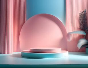 Aufkleber -  3D Product Display Stand- A minimalist podium in a pastel setting with soft lighting. The p_1(5)