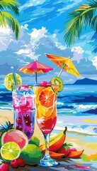 Aufkleber - Two colorful cocktails with fruit garnish are displayed on a beach with palm trees and the ocean in the background. Generative AI