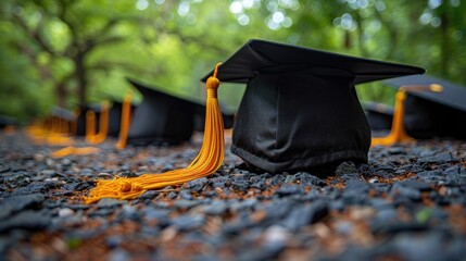 A row of black graduation caps with yellow tassels