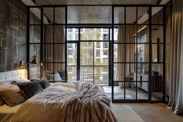 Luxurious bedroom in a modern house with a large window.