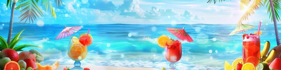 Aufkleber - Three tropical cocktails with fruit garnishes and umbrellas sit on a beach with an ocean and blue sky backdrop. Generative AI