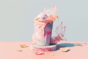 Wall Mural - Pink and Blue Ice Cream Splash in Glass on Pedestal