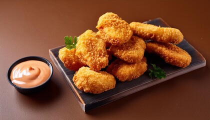 Wall Mural - Spicy fried crispy chicken nuggets on brown background