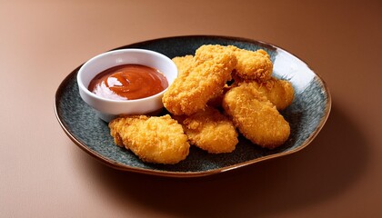 Wall Mural - Spicy fried crispy chicken nuggets on brown background