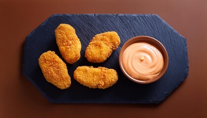 Wall Mural - Spicy fried crispy chicken nuggets on brown background