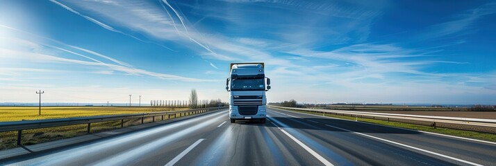 A white semi-truck drives on a paved highway with a wide open horizon and a clear blue sky. Generative AI