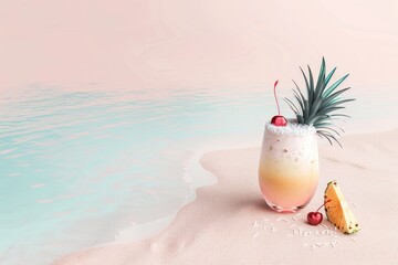 Wall Mural - A Summer Cocktail with a Cherry and Pineapple on a Sandy Beach