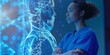 © LukaszDesign - Lady doctor, healthcare, and body hologram overlay for wellness and hospital insurance. Future innovation and development of AI for medical abstract or dna; arms and anatomy
