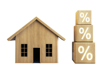 Poster - Wooden house model next to stacked blocks with percentage signs on a white background. Concept of mortgage rates, real estate, and home loans. 3D Rendering