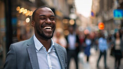 Wall Mural - Urban business, black man, smiling, startup firm success, contract, and relax. Street male Nigerian entrepreneur or CEO, confident in marketing or project strategy