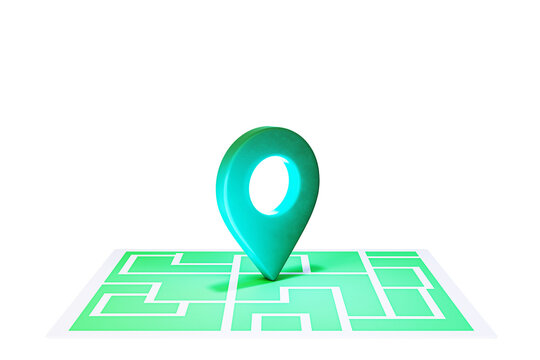 3D rendering of a turquoise geolocation pin placed on a green maze. Isolated on a white background. Concept of direction and navigation