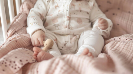 Wall Mural - A baby is sitting on a bed with a blanket and a wooden toy